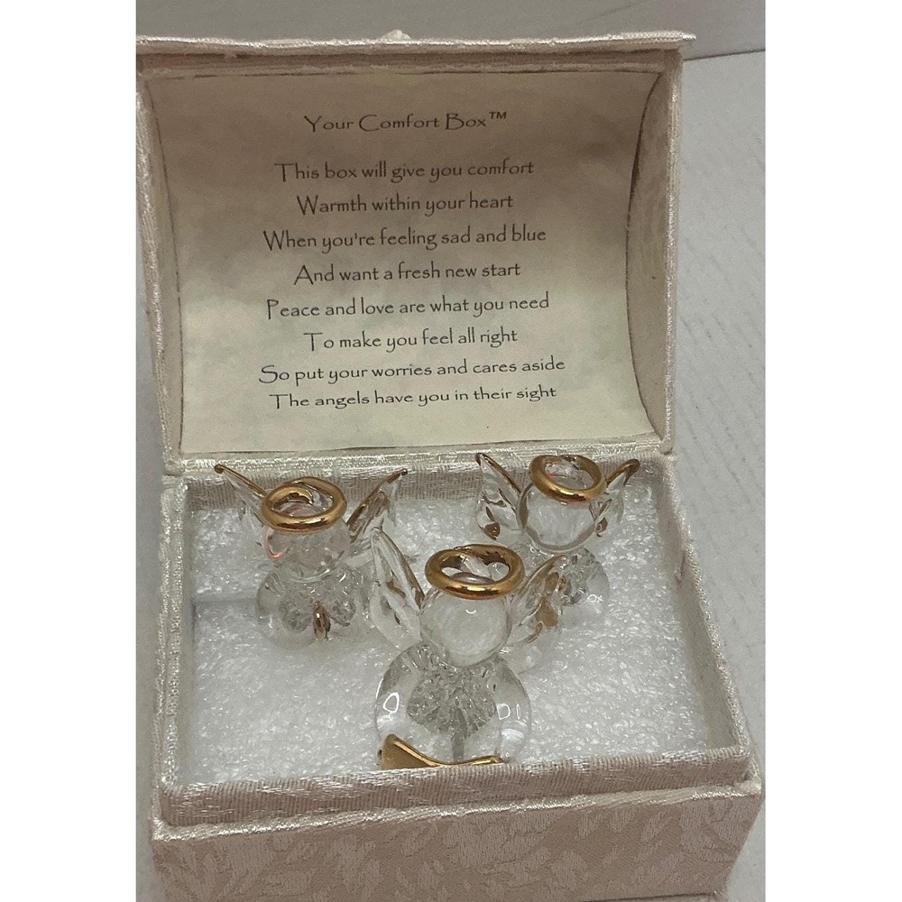 Vintage Glass Angel Figurines 3pc Set Cream Damask Trinket Box Small‎